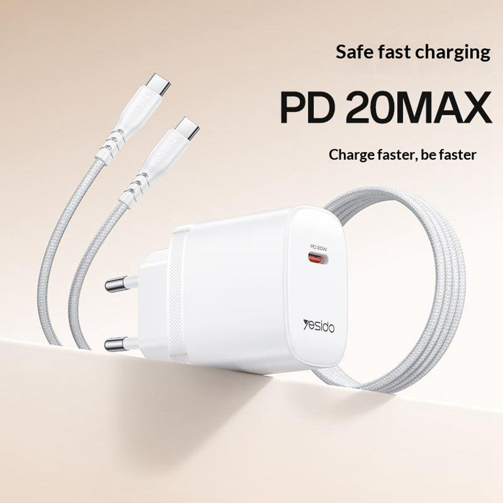 YESIDO YC105 EU Stik PD 20W USB-C Hurtig Oplader Vægadapter med 1m Type-C Kabel til iPhone iPad