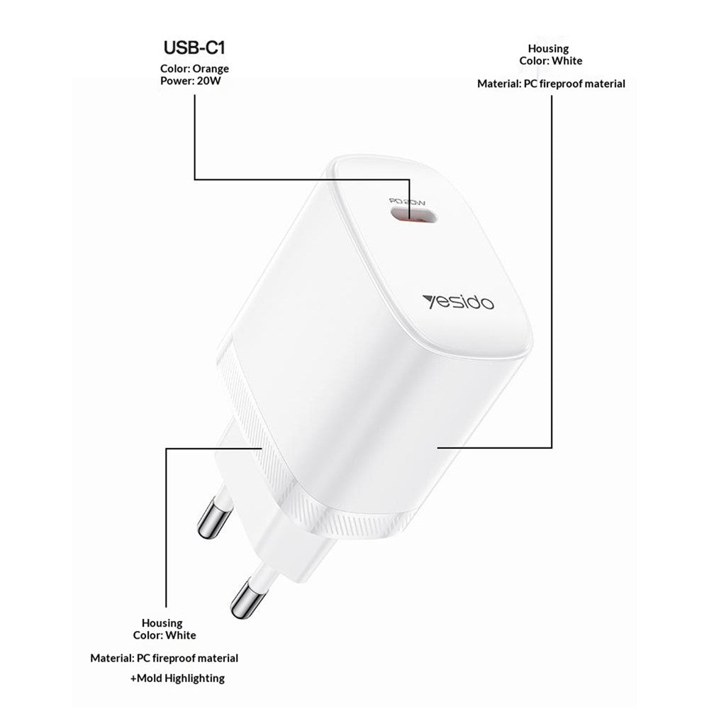 YESIDO YC105 EU Stik PD 20W USB-C Hurtig Oplader Vægadapter med 1m Type-C Kabel til iPhone iPad