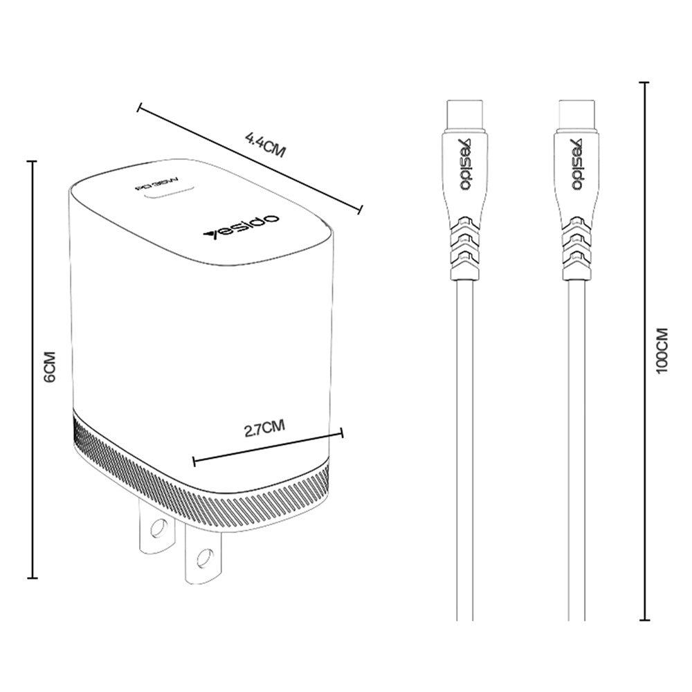 YESIDO YC20U US Plug PD 35W USB-C Wall Charger Fast Charging Adapter with 1m Type-C Cable for Laptop Phone