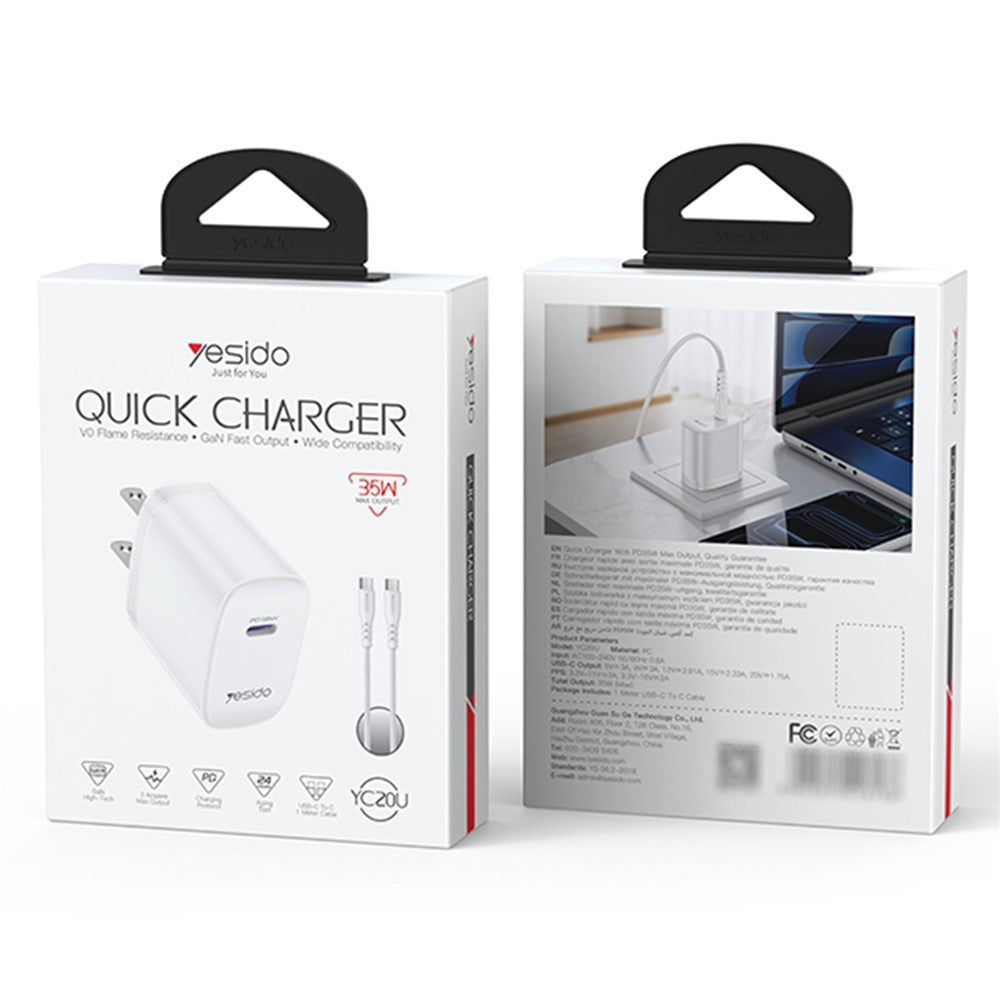 YESIDO YC20U US Plug PD 35W USB-C Wall Charger Fast Charging Adapter with 1m Type-C Cable for Laptop Phone