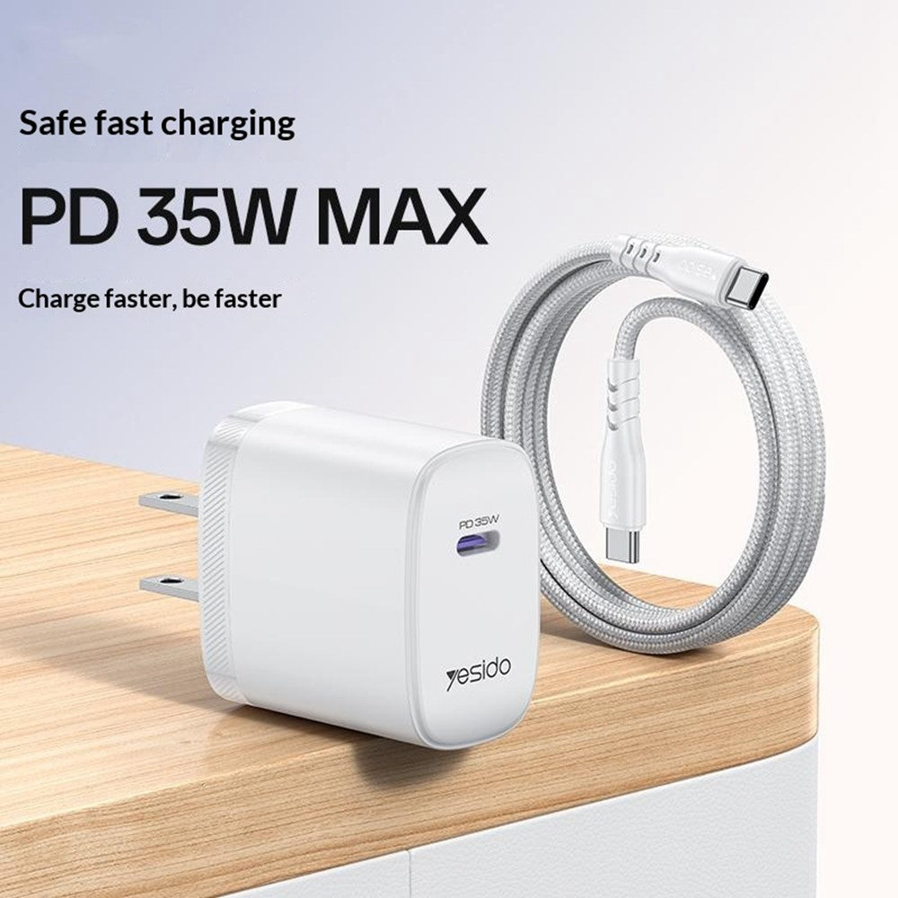 YESIDO YC20U US Plug PD 35W USB-C Wall Charger Fast Charging Adapter with 1m Type-C Cable for Laptop Phone
