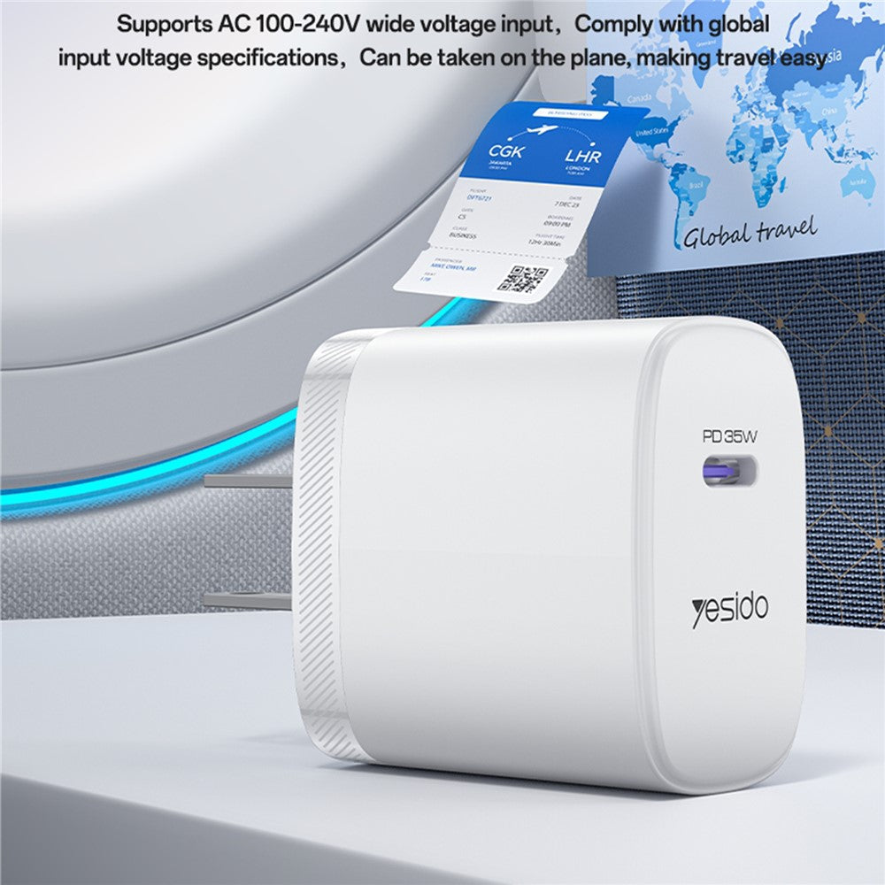 YESIDO YC20U US Plug PD 35W USB-C Wall Charger Fast Charging Adapter with 1m Type-C Cable for Laptop Phone