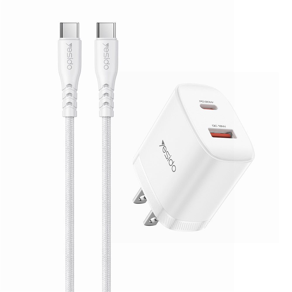 YESIDO YC19U US Stik PD 20W USB-C + QC 18W USB-A Vægoplader Dual Port Hurtig Opladningsadapter med 1m Type-C Kabel