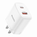 YESIDO YC19U US Stik PD 20W USB-C + QC 18W USB-A Vægoplader Dobbeltport Hurtigopladningsadapter med 1m Type-C Kabel