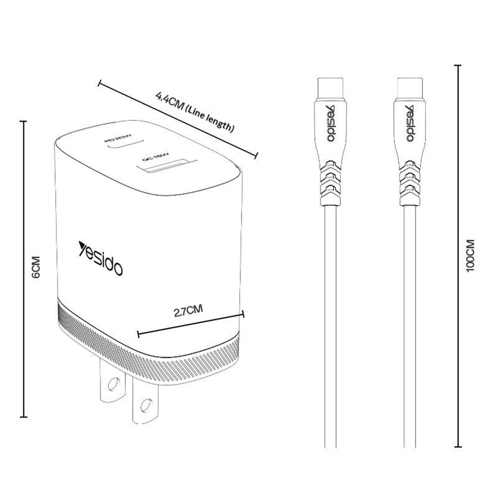 YESIDO YC19U US Stik PD 20W USB-C + QC 18W USB-A Vægoplader Dual Port Hurtig Opladningsadapter med 1m Type-C Kabel
