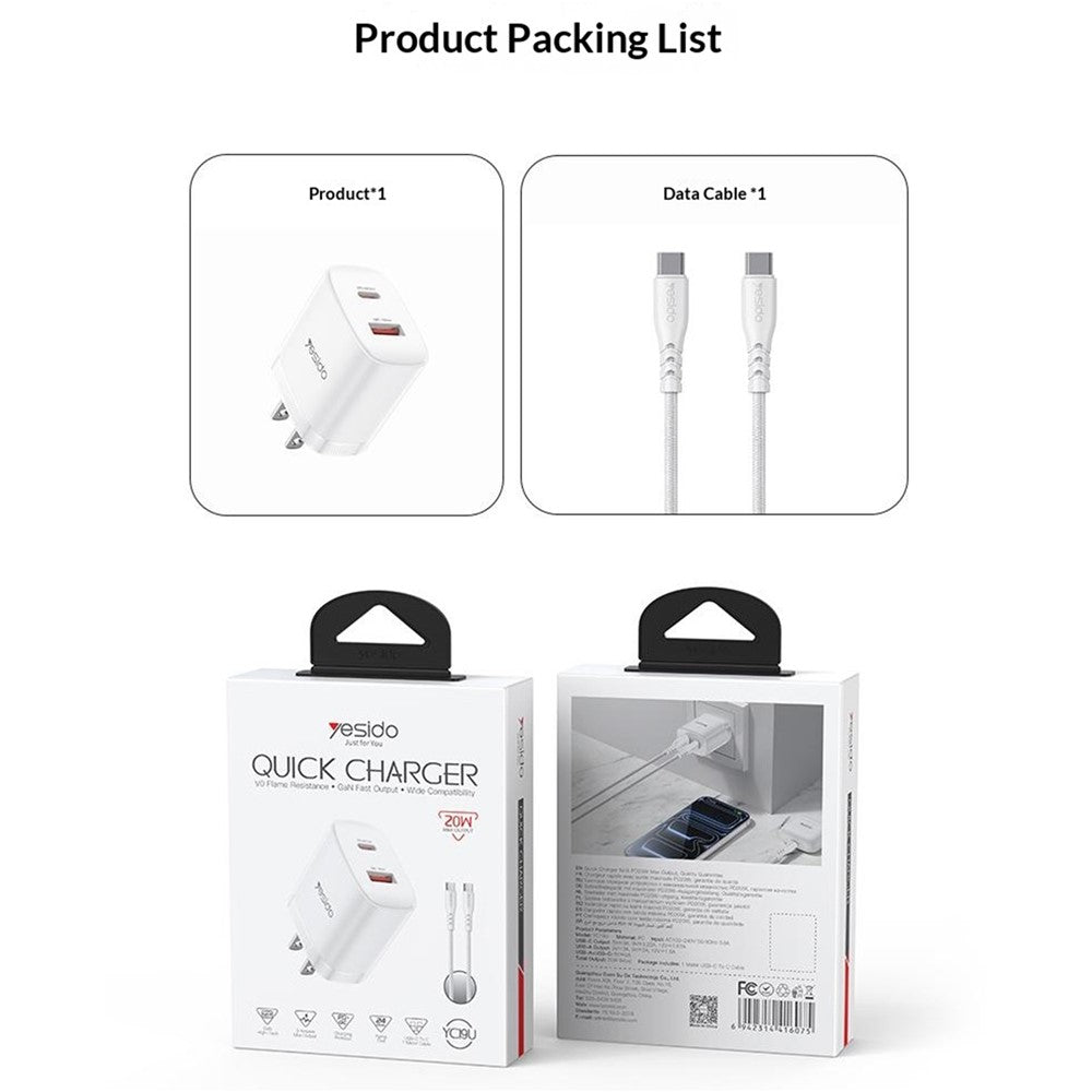 YESIDO YC19U US Stik PD 20W USB-C + QC 18W USB-A Vægoplader Dobbeltport Hurtigopladningsadapter med 1m Type-C Kabel
