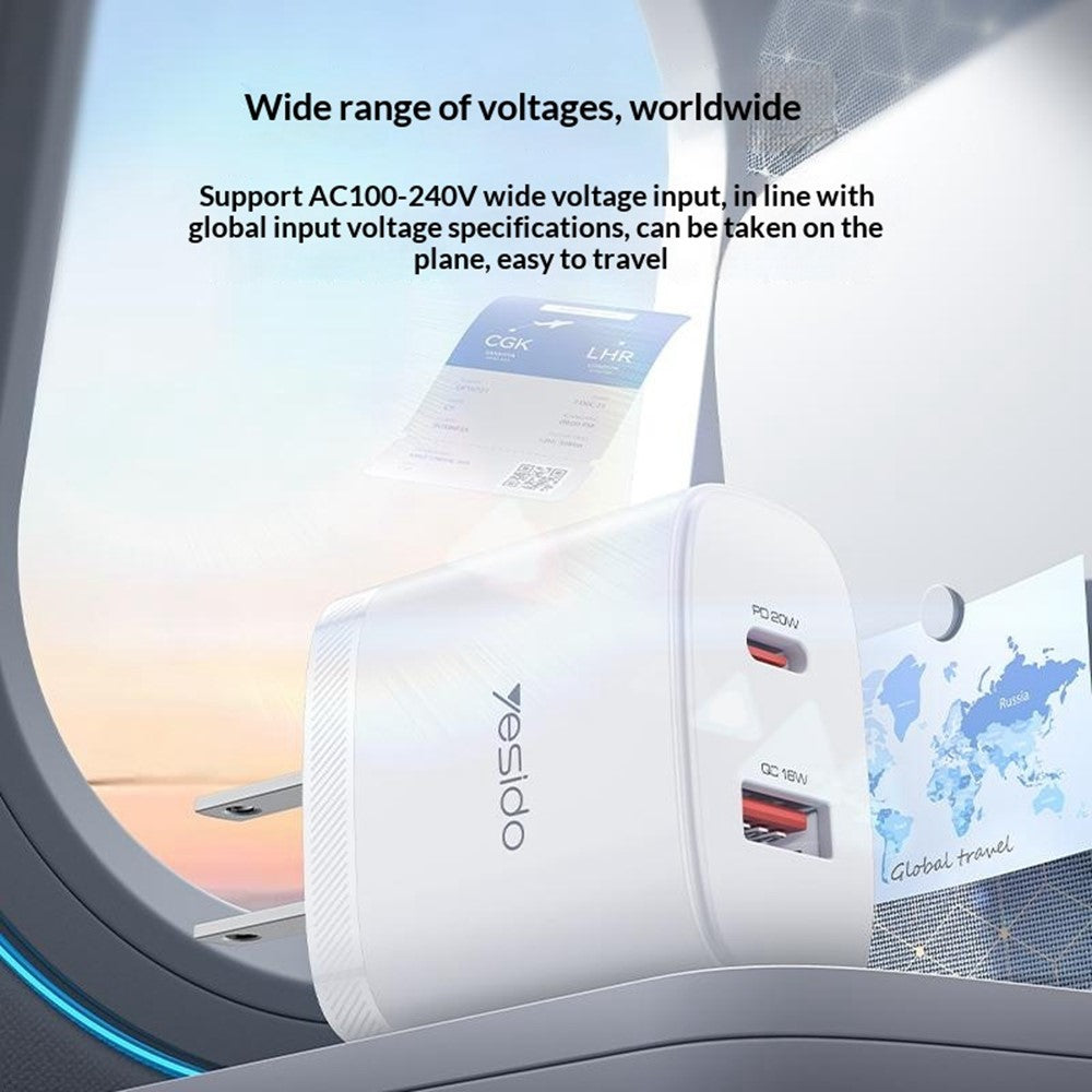 YESIDO YC19U US Stik PD 20W USB-C + QC 18W USB-A Vægoplader Dual Port Hurtig Opladningsadapter med 1m Type-C Kabel