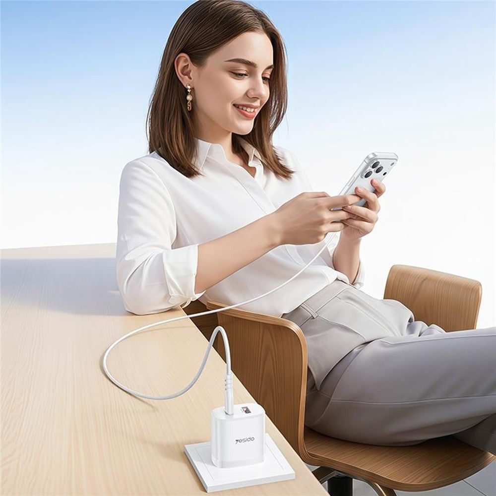 YESIDO YC19U US Stik PD 20W USB-C + QC 18W USB-A Vægoplader Dual Port Hurtig Opladningsadapter med 1m Type-C Kabel