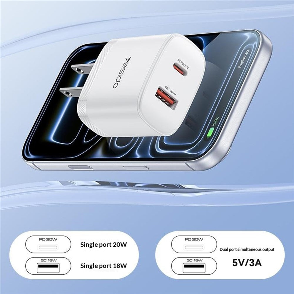 YESIDO YC19U US Stik PD 20W USB-C + QC 18W USB-A Vægoplader Dual Port Hurtig Opladningsadapter med 1m Type-C Kabel