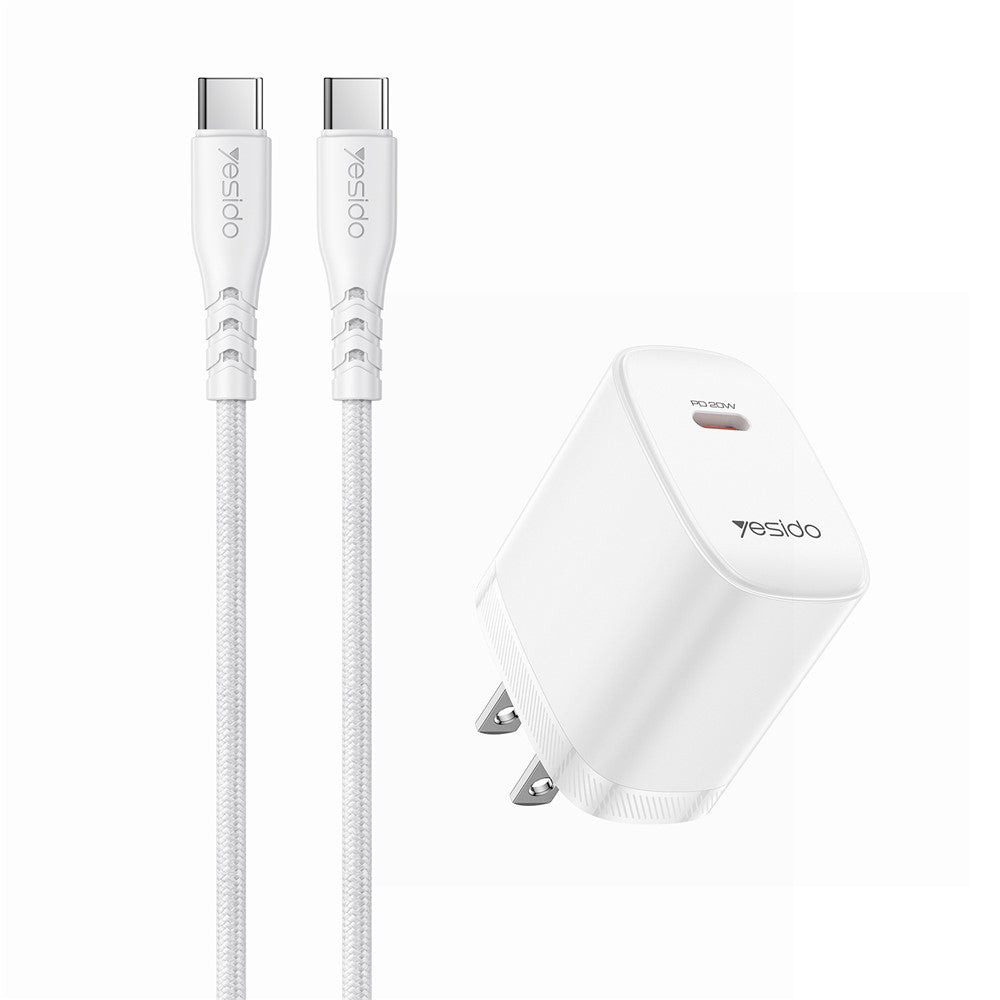 YESIDO YC18U US Plug PD 20W USB-C Fast Charging Adapter Wall Charger with 1m Type-C Cable for iPhone iPad