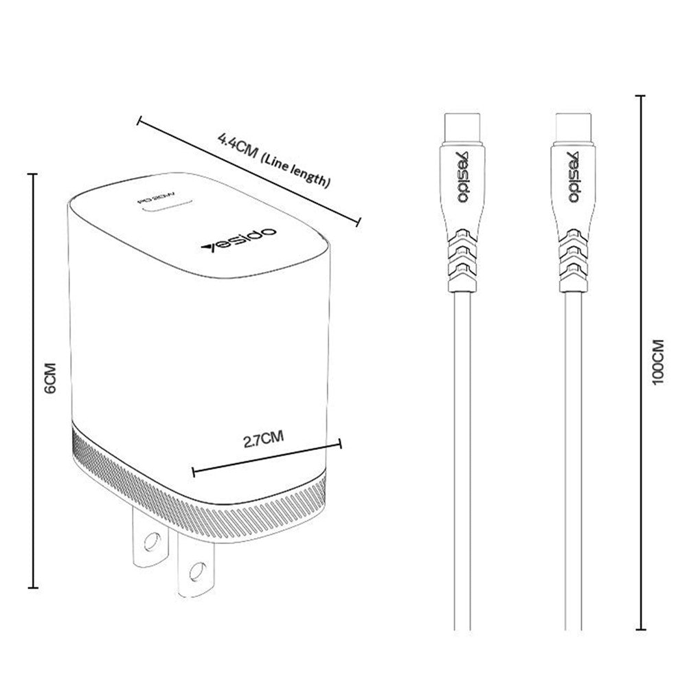 YESIDO YC18U US Plug PD 20W USB-C Fast Charging Adapter Wall Charger with 1m Type-C Cable for iPhone iPad