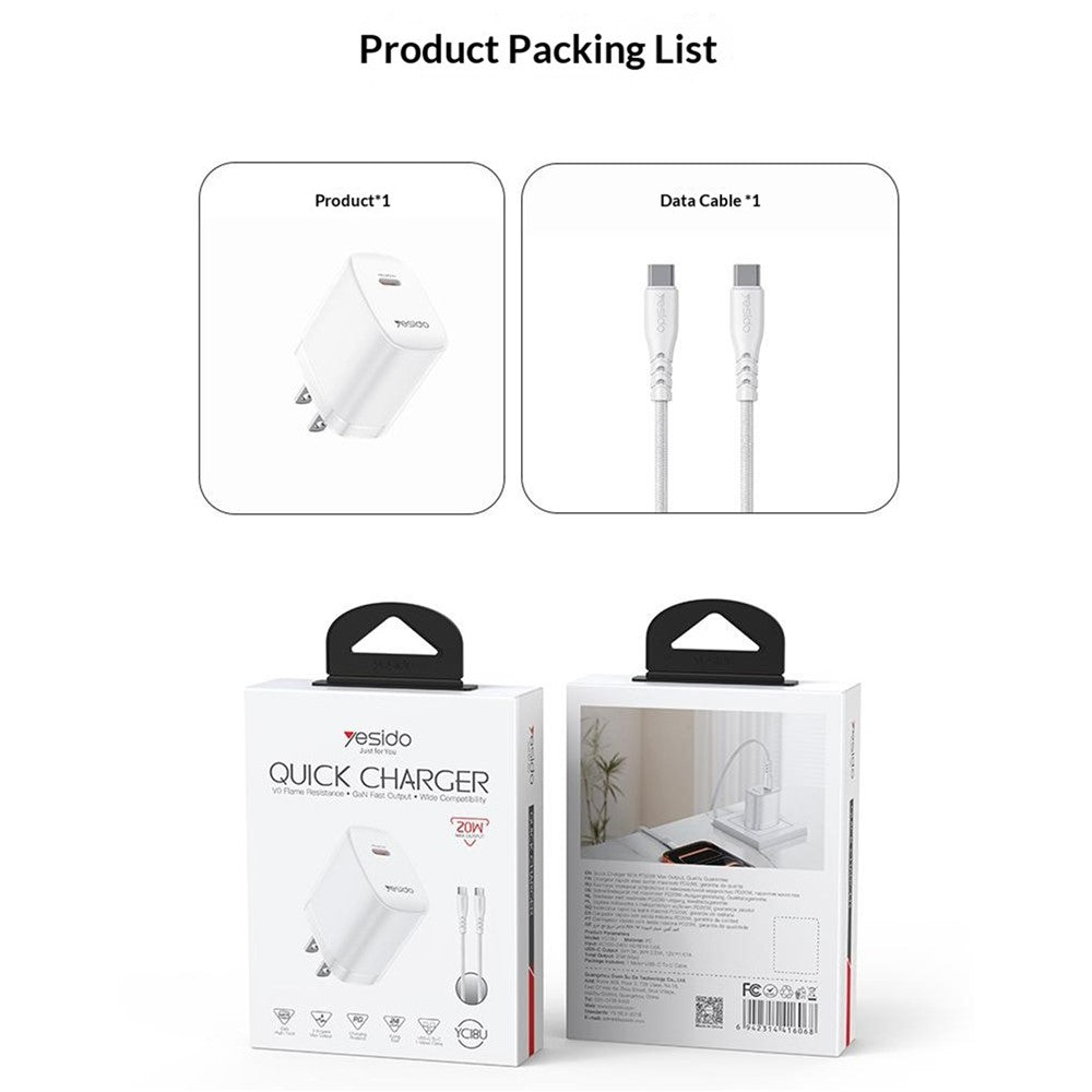 YESIDO YC18U US Plug PD 20W USB-C Fast Charging Adapter Wall Charger with 1m Type-C Cable for iPhone iPad