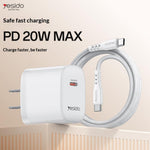 YESIDO YC18U US Plug PD 20W USB-C Fast Charging Adapter Wall Charger with 1m Type-C Cable for iPhone iPad
