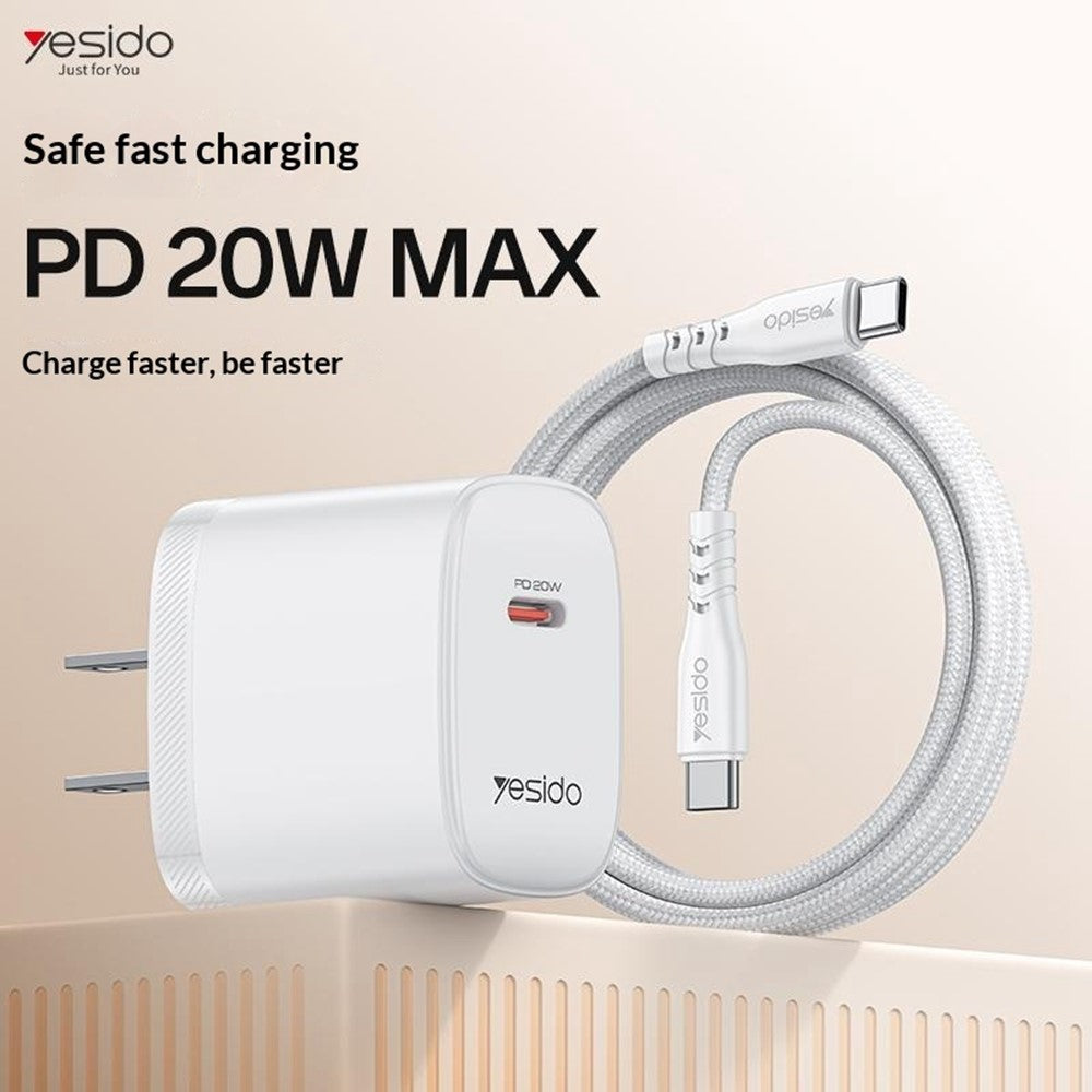 YESIDO YC18U US Plug PD 20W USB-C Fast Charging Adapter Wall Charger with 1m Type-C Cable for iPhone iPad