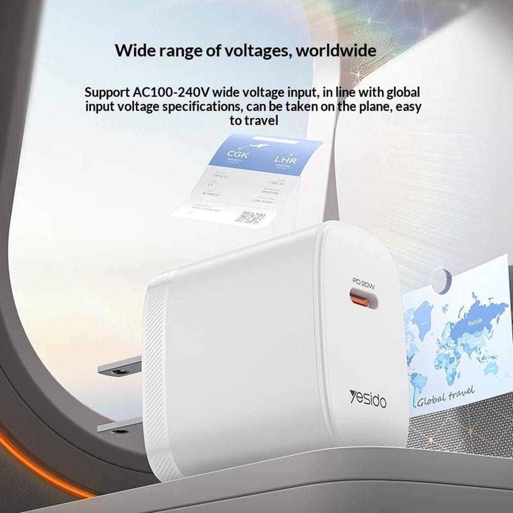 YESIDO YC18U US Plug PD 20W USB-C Fast Charging Adapter Wall Charger with 1m Type-C Cable for iPhone iPad