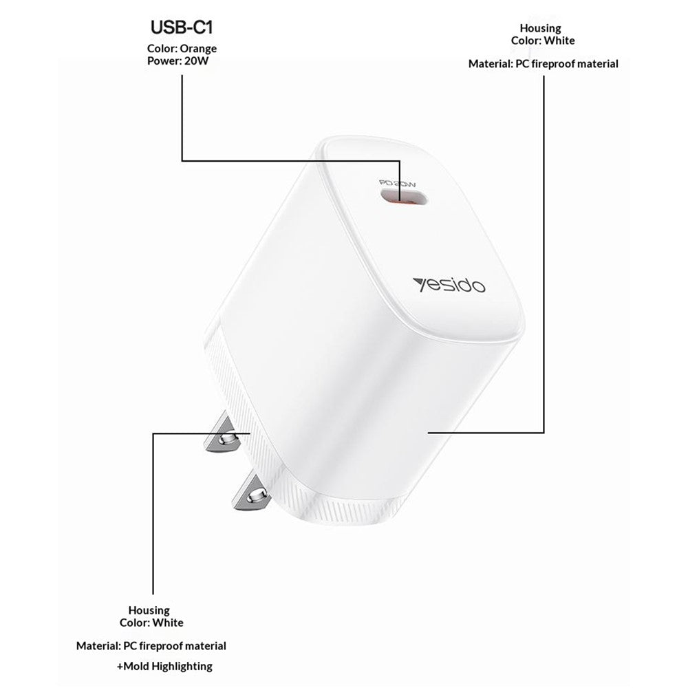 YESIDO YC18U US Plug PD 20W USB-C Fast Charging Adapter Wall Charger with 1m Type-C Cable for iPhone iPad