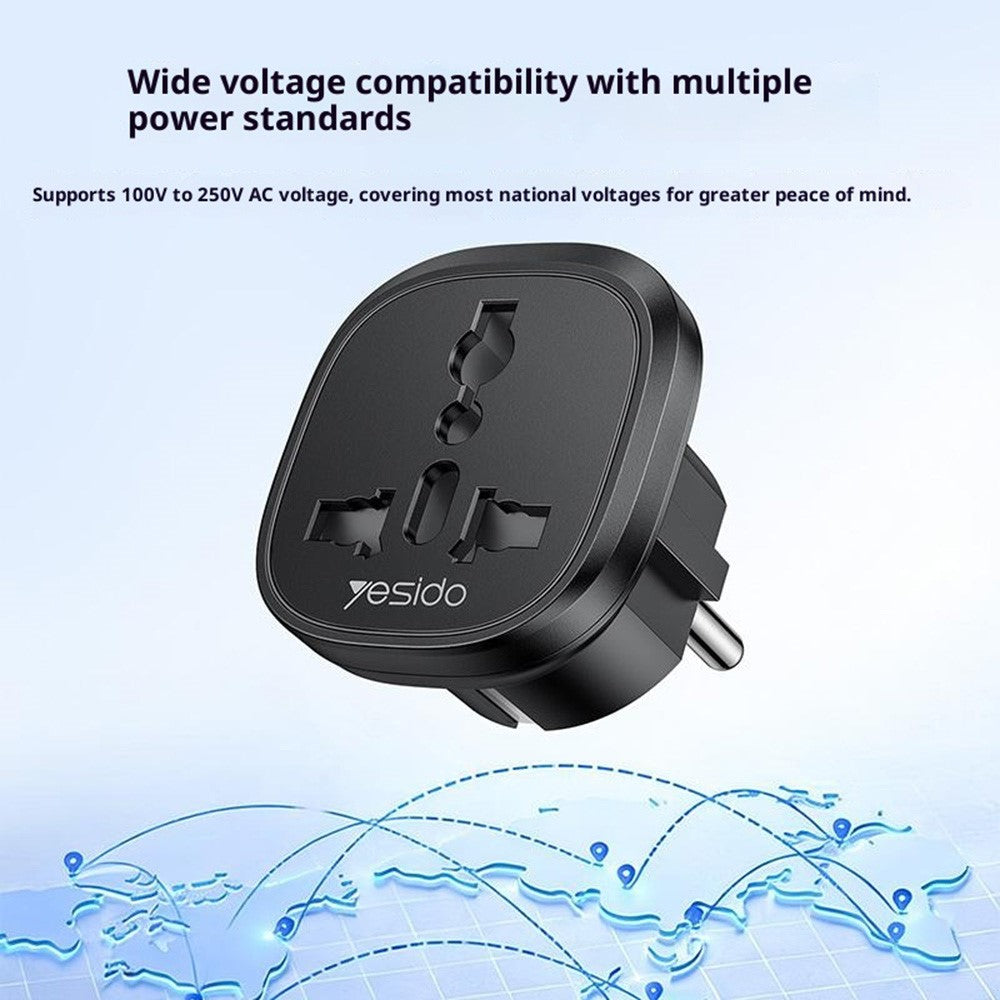 YESIDO MC44 EU Plug to Universal Socket Global Travel Adapter 100V-250V 10A Multi-Country Converter