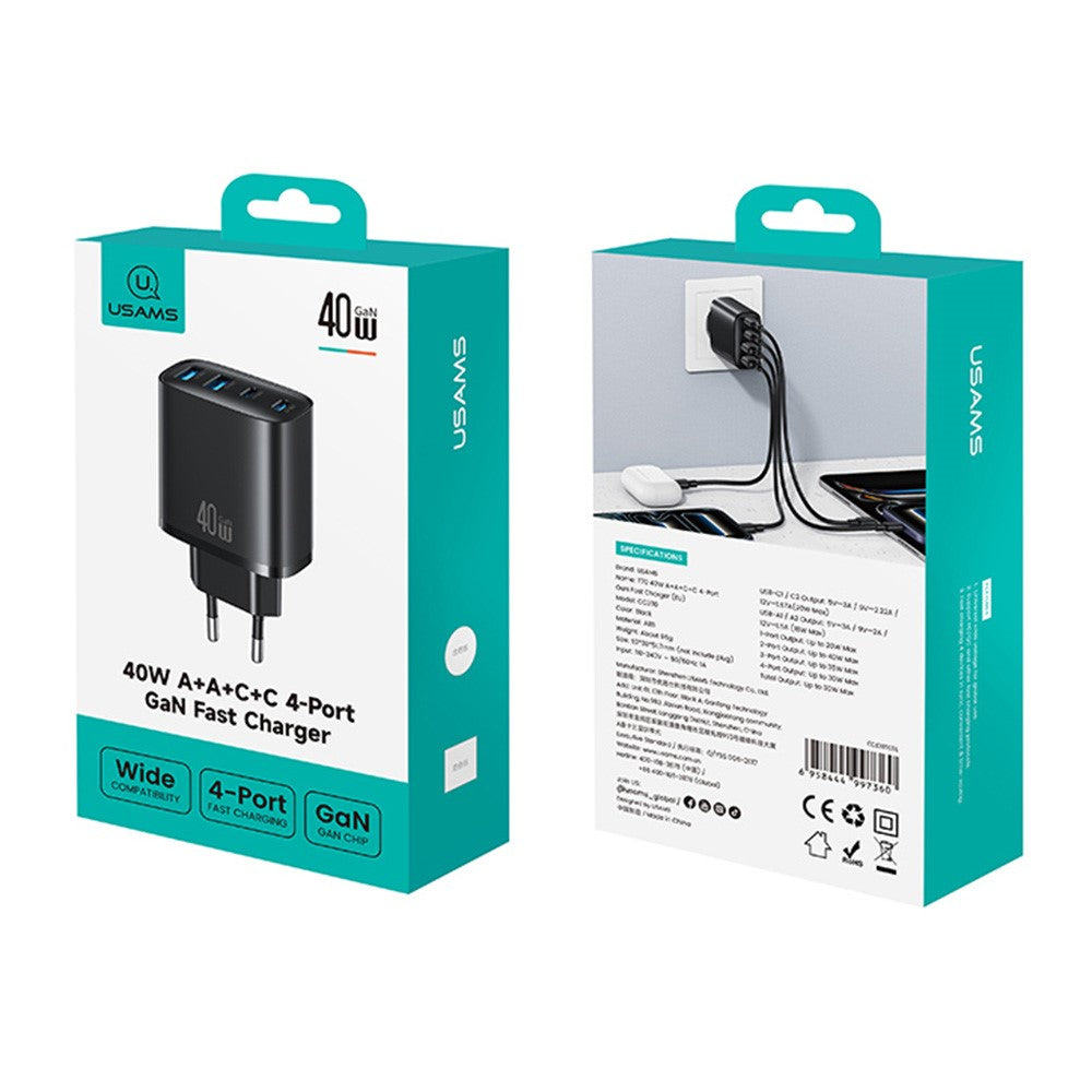 USAMS CC330 T70 2 USB-A + 2 USB-C 4-Port GaN Power Adapter 20W Fast Charger, EU Plug