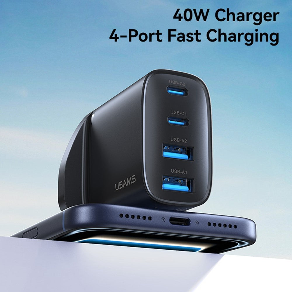 USAMS CC332 T70 2 USB-A + 2 USB-C 4-Port GaN Power Adapter 20W Fast Charger, UK Plug