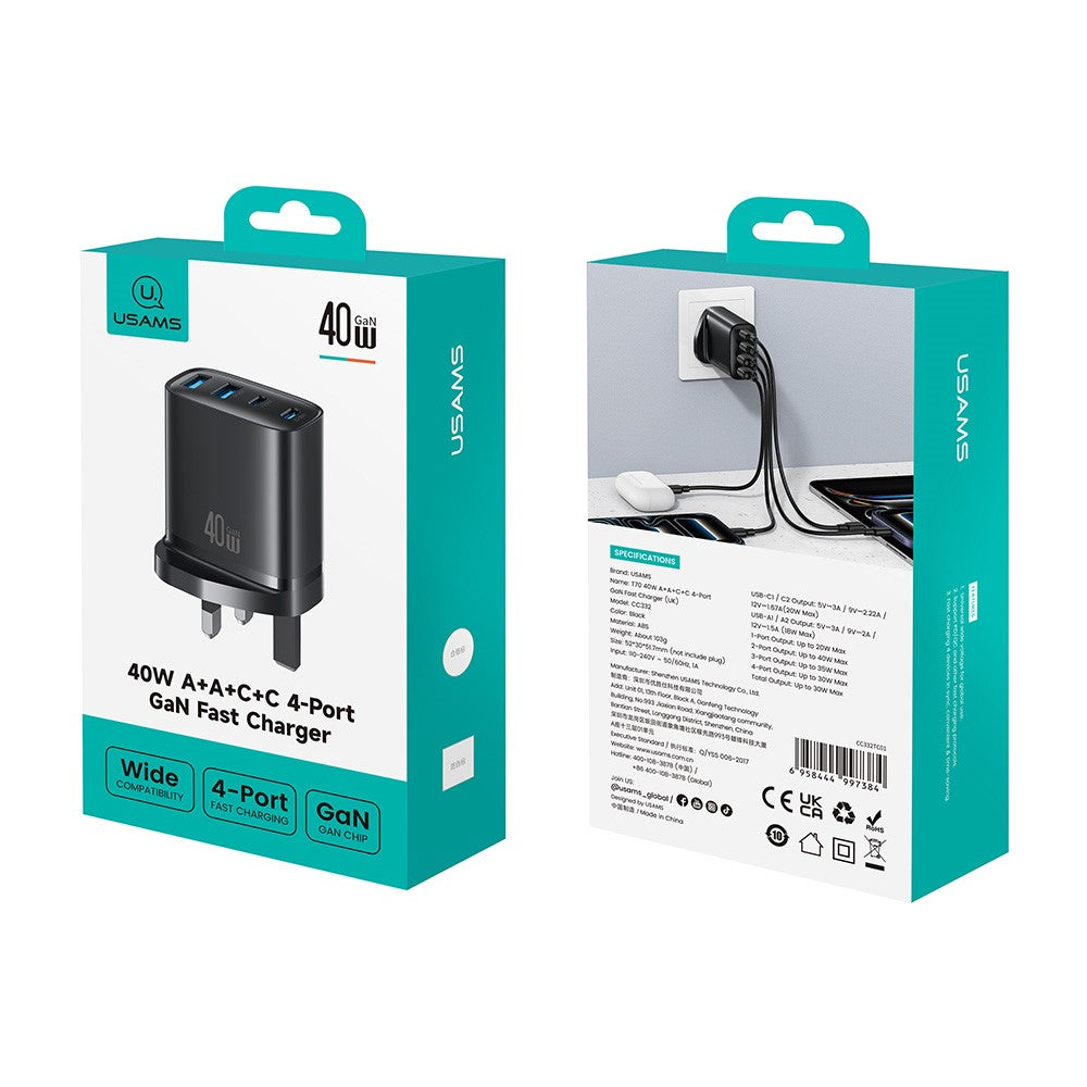 USAMS CC332 T70 2 USB-A + 2 USB-C 4-Port GaN Power Adapter 20W Fast Charger, UK Plug