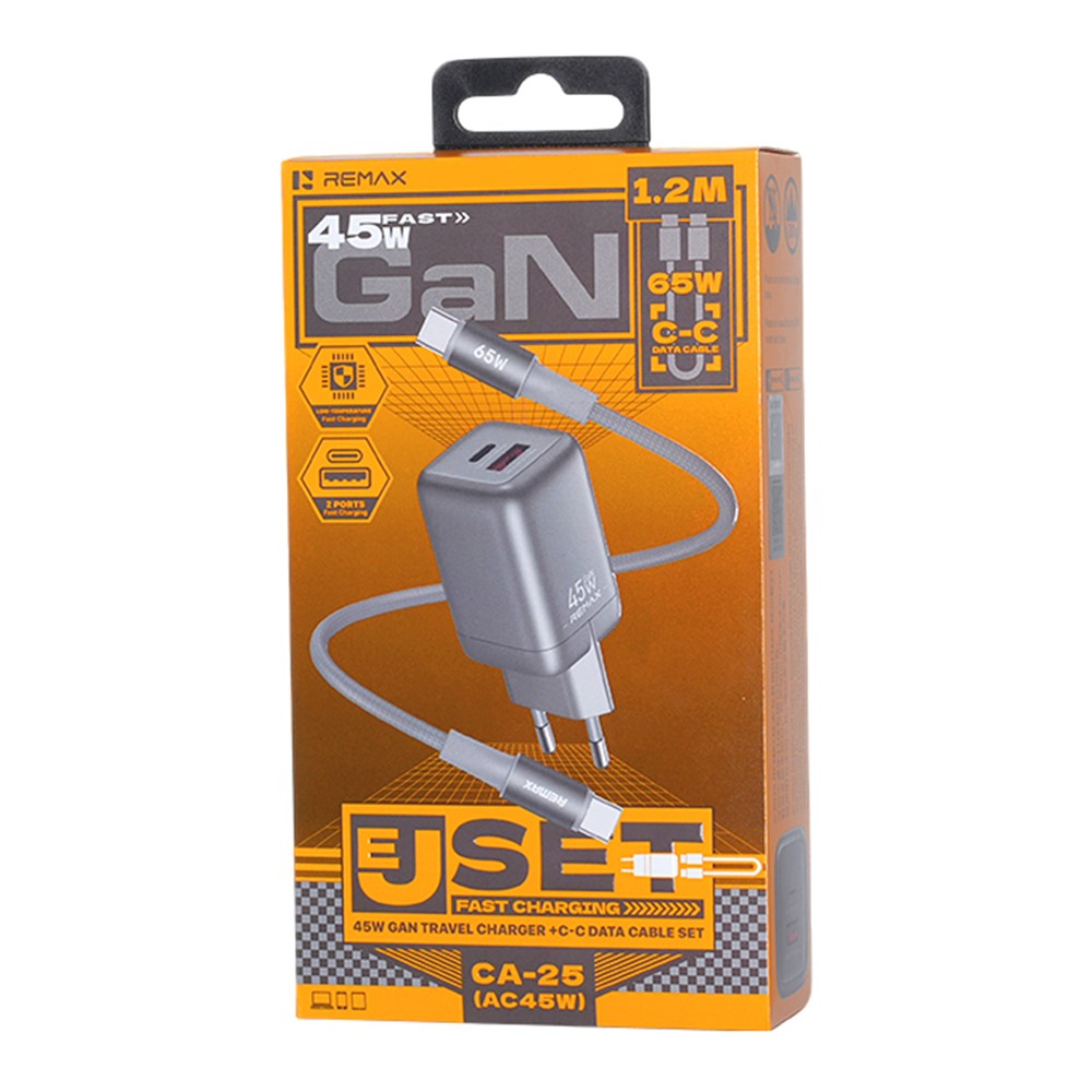 REMAX CA-25 45W GaN Rejseoplader Type-C + USB-A Foldbar Oplader med 1,2 m USB-C Kabel, EU Stik