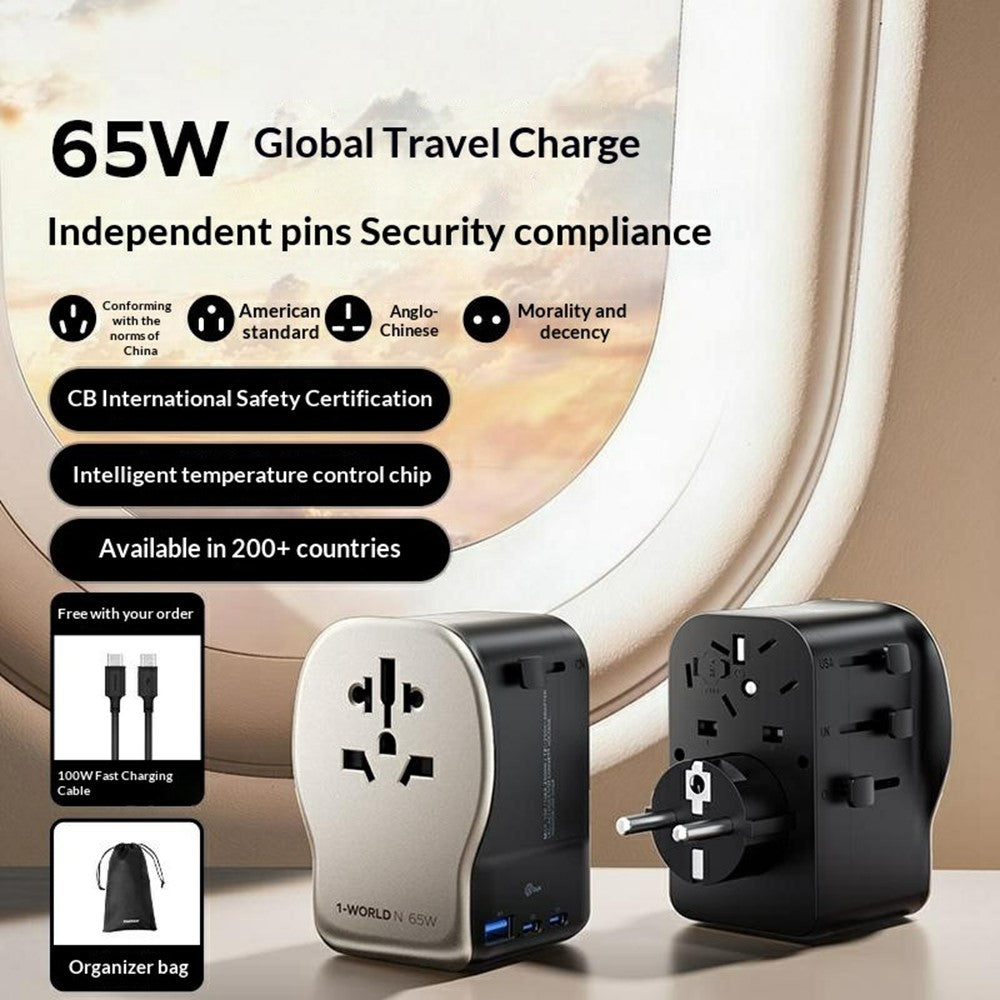 MOMAX UA35 1-World N 65W GaN Global Travel Charger Adapter 3 USB Ports Wall Charger