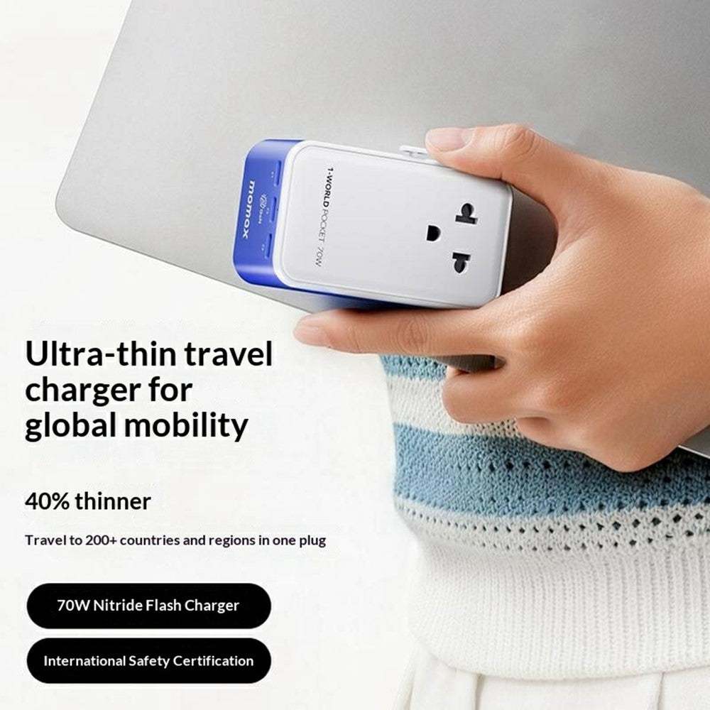 MOMAX UA36 1-World Pocket 70W GaN global rejseopladeradapter universal vægoplader stikomformer