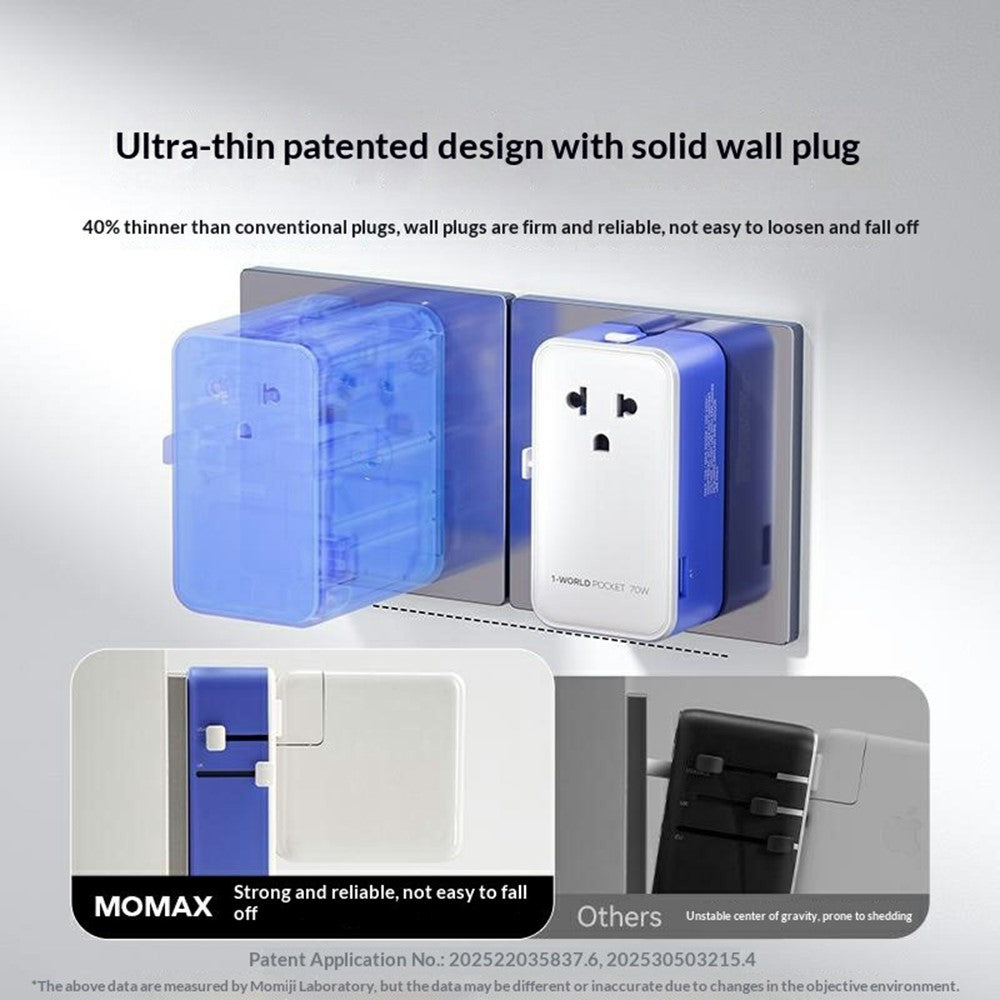 MOMAX UA36 1-World Pocket 70W GaN global rejseopladeradapter universal vægoplader stikomformer