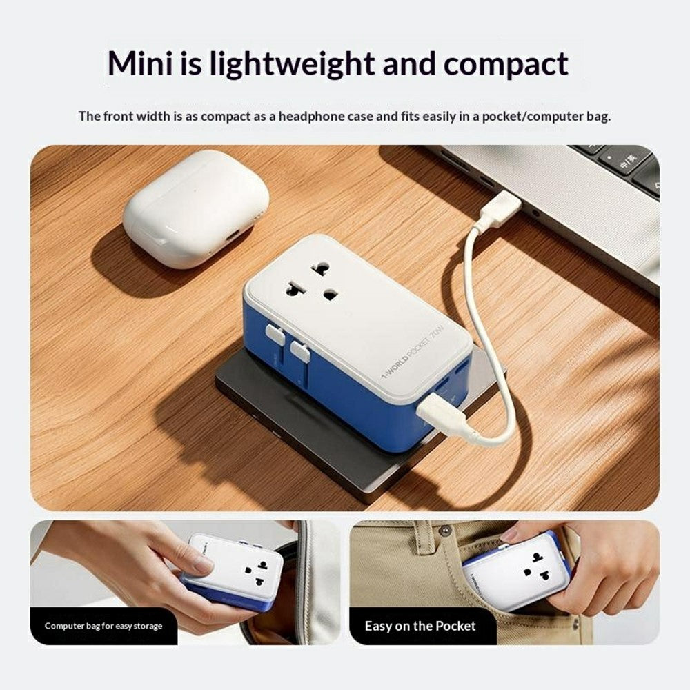 MOMAX UA36 1-World Pocket 70W GaN global rejseopladeradapter universal vægoplader stikomformer