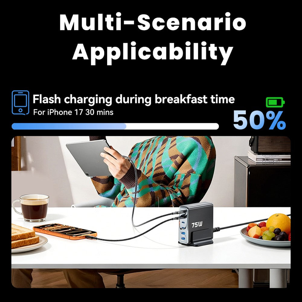 TOOCKI TCT75-22 75W GaN Desktop Charger 6 Ports 4 USB-C+2 USB-A Fast Charging Station
