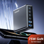 TOOCKI TCT75-22 75W GaN Desktop Charger 6 Ports 4 USB-C+2 USB-A Fast Charging Station