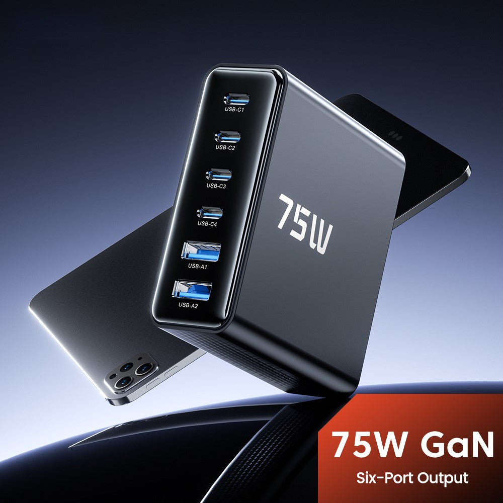 TOOCKI TCT75-22 75W GaN Desktop Charger 6 Ports 4 USB-C+2 USB-A Fast Charging Station
