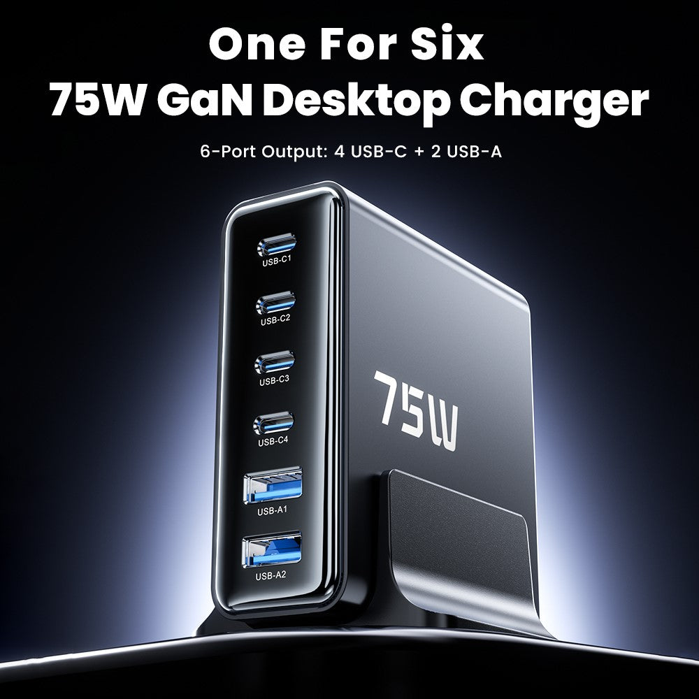 TOOCKI TCT75-22 75W GaN Desktop Charger 6 Ports 4 USB-C+2 USB-A Fast Charging Station