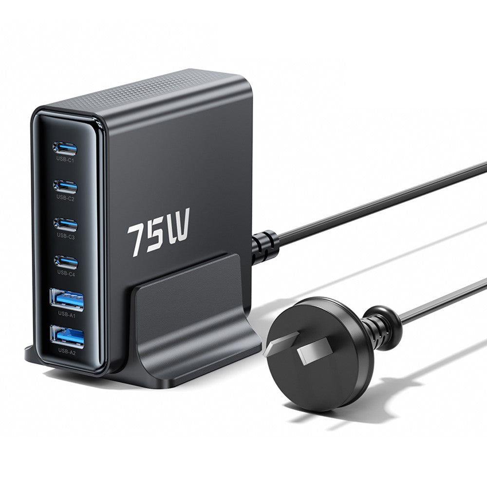 TOOCKI TCT75-22 75W GaN Desktop Charger 6 Ports 4 USB-C+2 USB-A Fast Charging Station