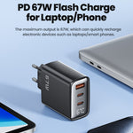 TOOCKI TCT67-22 67W GaN Wall Charger 3 USB Ports 67W PD Fast Charging Adapter with Digital Display for iPhone MacBook