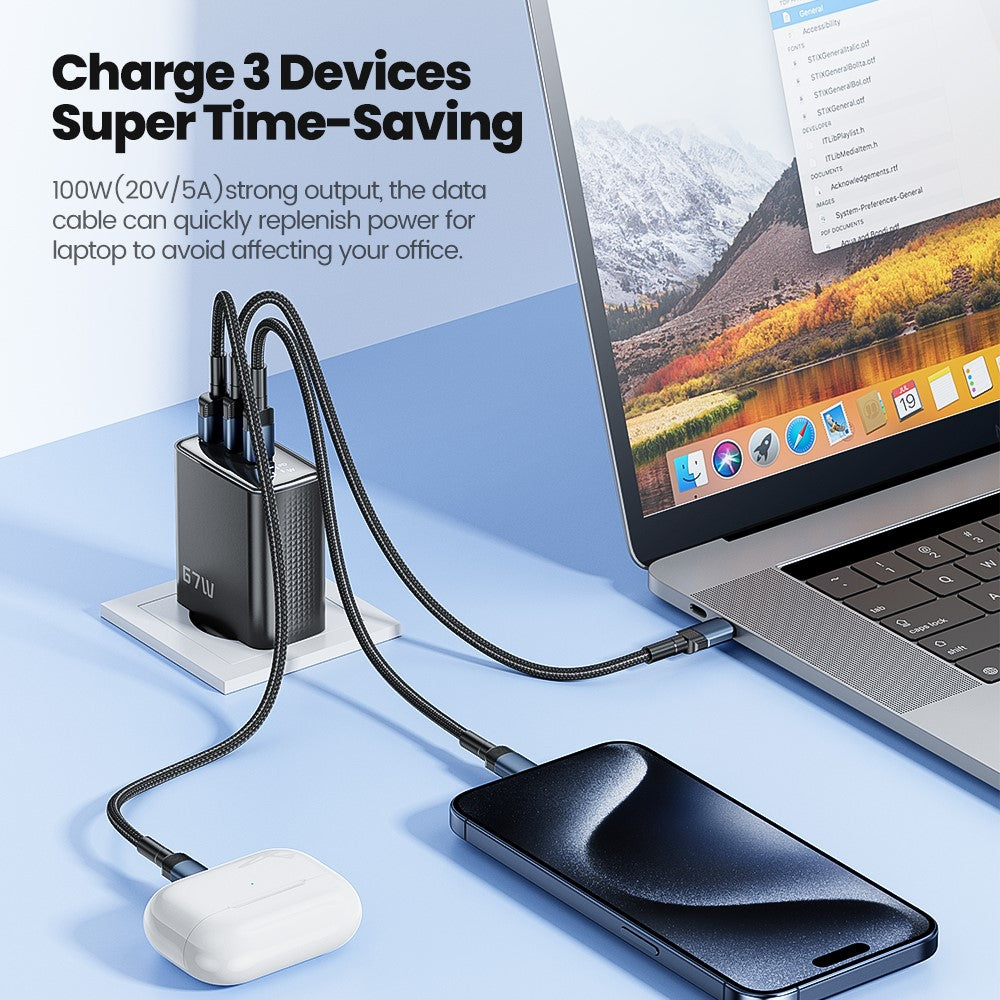 TOOCKI TCT67-22 67W GaN Wall Charger 3 USB Ports 67W PD Fast Charging Adapter with Digital Display for iPhone MacBook