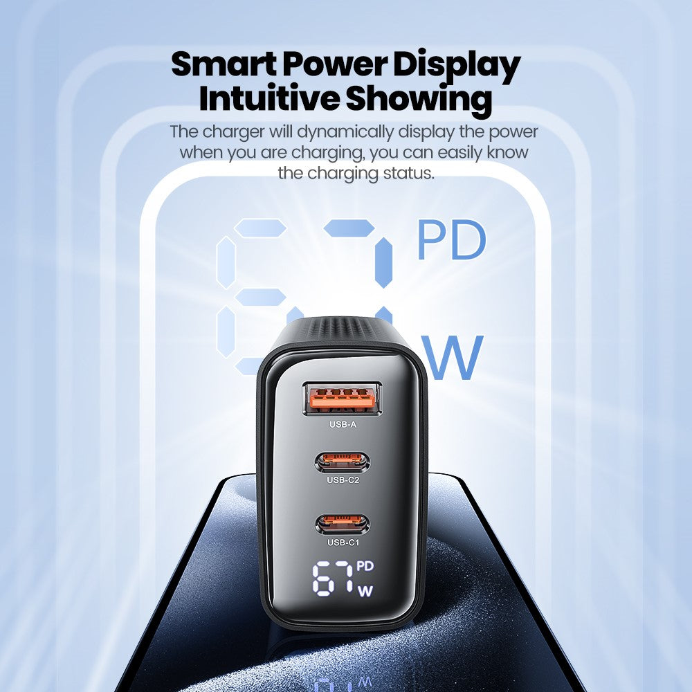 TOOCKI TCT67-22 67W GaN Wall Charger 3 USB Ports 67W PD Fast Charging Adapter with Digital Display for iPhone MacBook