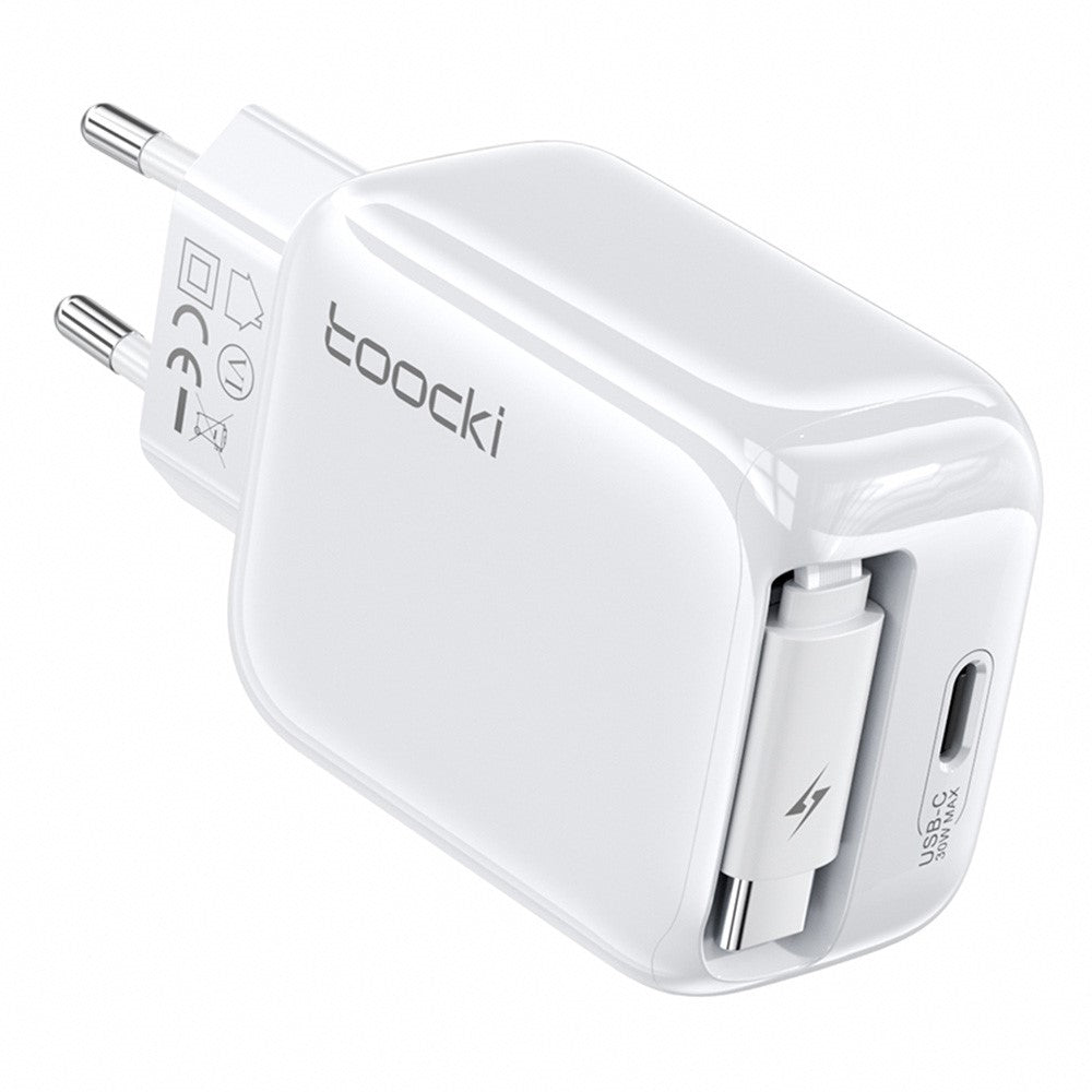 TOOCKI TC55302 30W GaN Charger Built-in 68cm Retractable USB-C Cable 2-in-1 Fast Charging Power Adapter