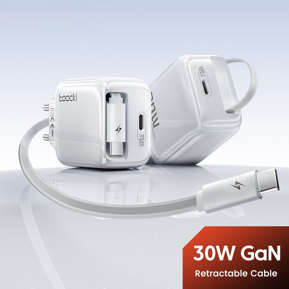 TOOCKI TC55302 30W GaN Charger Built-in 68cm Retractable USB-C Cable 2-in-1 Fast Charging Power Adapter