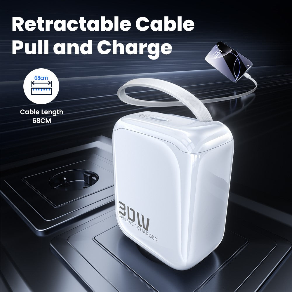 TOOCKI TC55302 30W GaN Charger Built-in 68cm Retractable USB-C Cable 2-in-1 Fast Charging Power Adapter