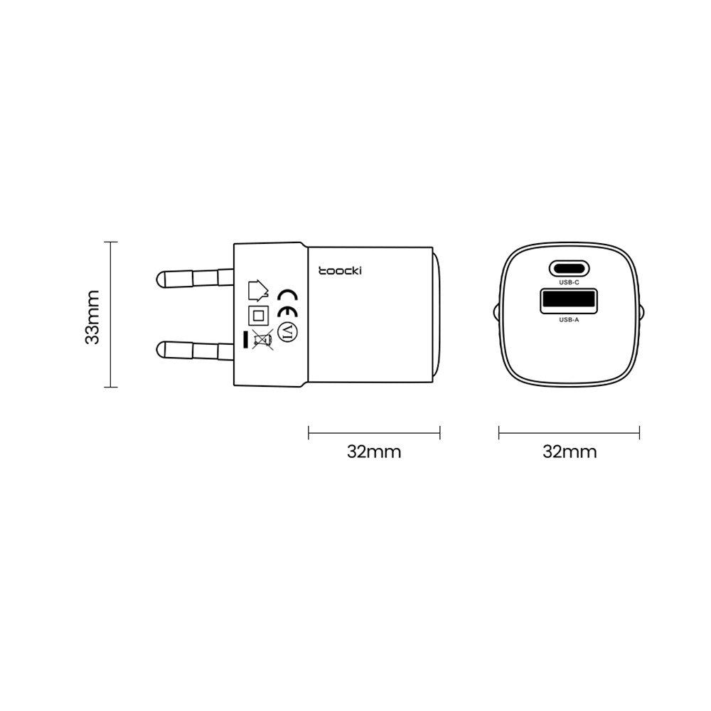 TOOCKI 20W Mini GaN Wall Charger Dual Port USB-C+USB-A PD Fast Charging Power Adapter
