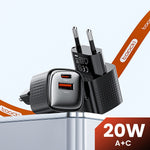TOOCKI 20W Mini GaN Wall Charger Dual Port USB-C+USB-A PD Fast Charging Power Adapter