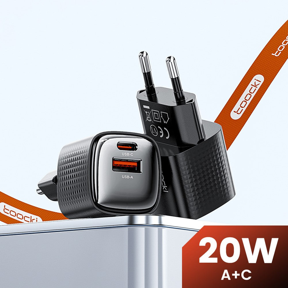 TOOCKI 20W Mini GaN Wall Charger Dual Port USB-C+USB-A PD Fast Charging Power Adapter