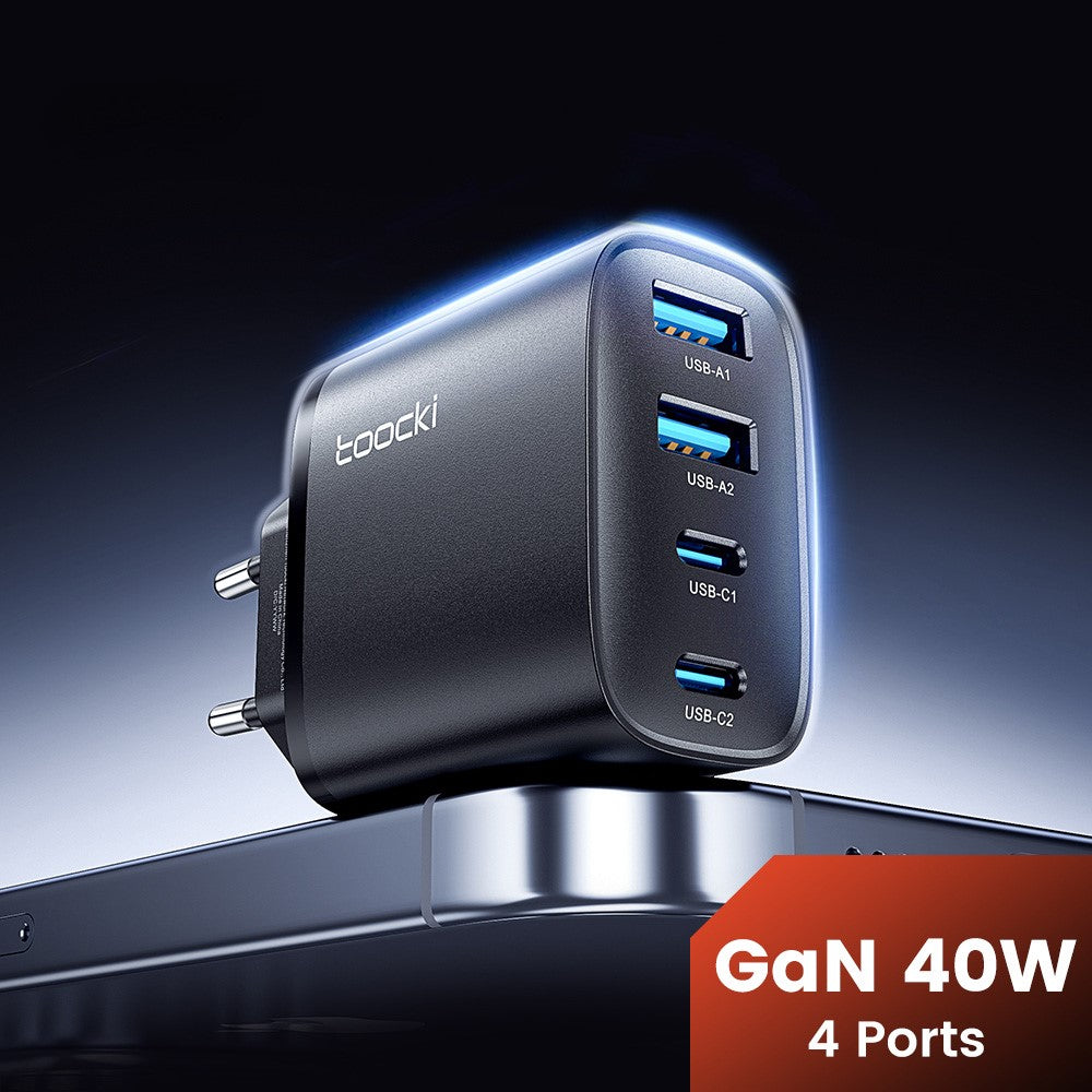 TOOCKI TC53402 40W GaN Hurtigoplader 4-Port 2 USB-C 2 USB-A 20W PD Quick Charging Strømadapter