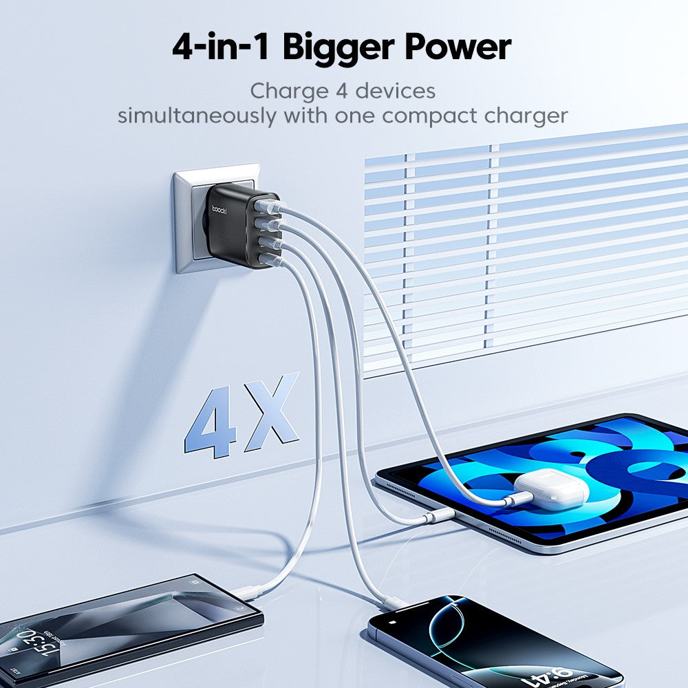 TOOCKI TC53402 40W GaN Hurtigoplader 4-Port 2 USB-C 2 USB-A 20W PD Quick Charging Strømadapter