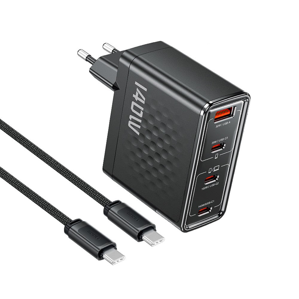 TOOCKI 140W GaN Charger 4-Port 3 USB-C 1 USB-A PD3.1 Fast Charging Station Power Adapter with 2m Cable