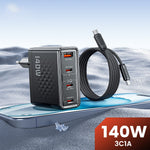 TOOCKI 140W GaN Charger 4-Port 3 USB-C 1 USB-A PD3.1 Fast Charging Station Power Adapter with 2m Cable