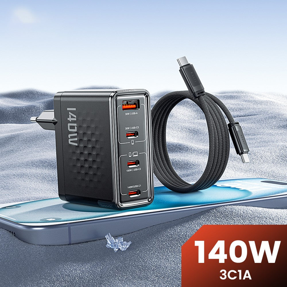 TOOCKI 140W GaN Charger 4-Port 3 USB-C 1 USB-A PD3.1 Fast Charging Station Power Adapter with 2m Cable