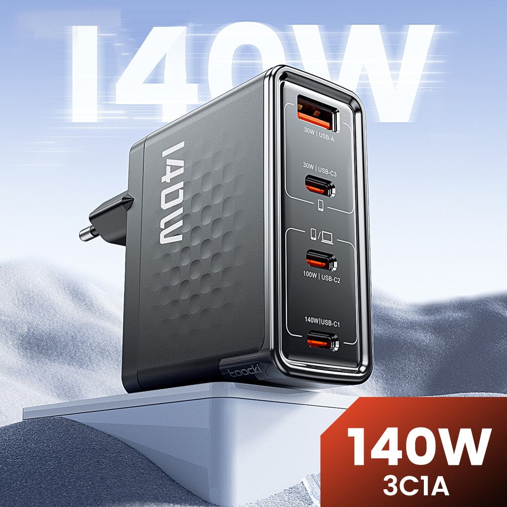 TOOCKI 140W GaN Charger 4-Port 3 USB-C 1 USB-A PD3.1 Fast Charging Station Power Adapter with 2m Cable