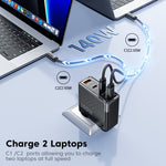 TOOCKI 140W GaN Charger 4-Port 3 USB-C 1 USB-A PD3.1 Fast Charging Station Power Adapter with 2m Cable